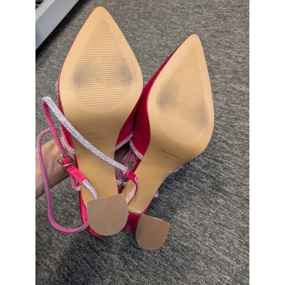 Jenn Ardor Platform Heels‎ Women's 10M Hot Pink Rhinestone Bow Satin Flared Heel